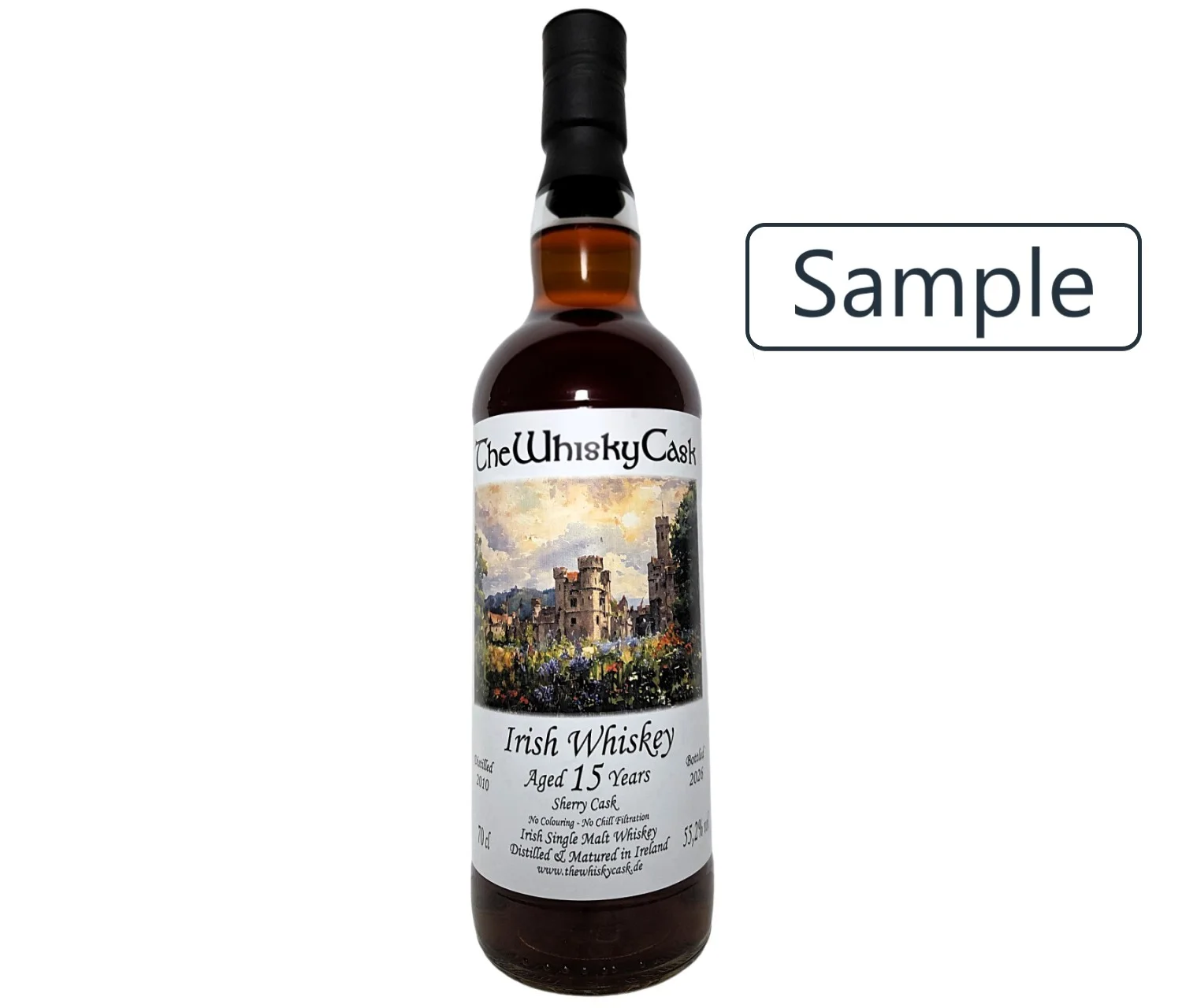 Flasche Irish Single Malt Whiskey 2010 Sherry Cask Sample Label mit der Ruine Ducketts Grove und Blumen