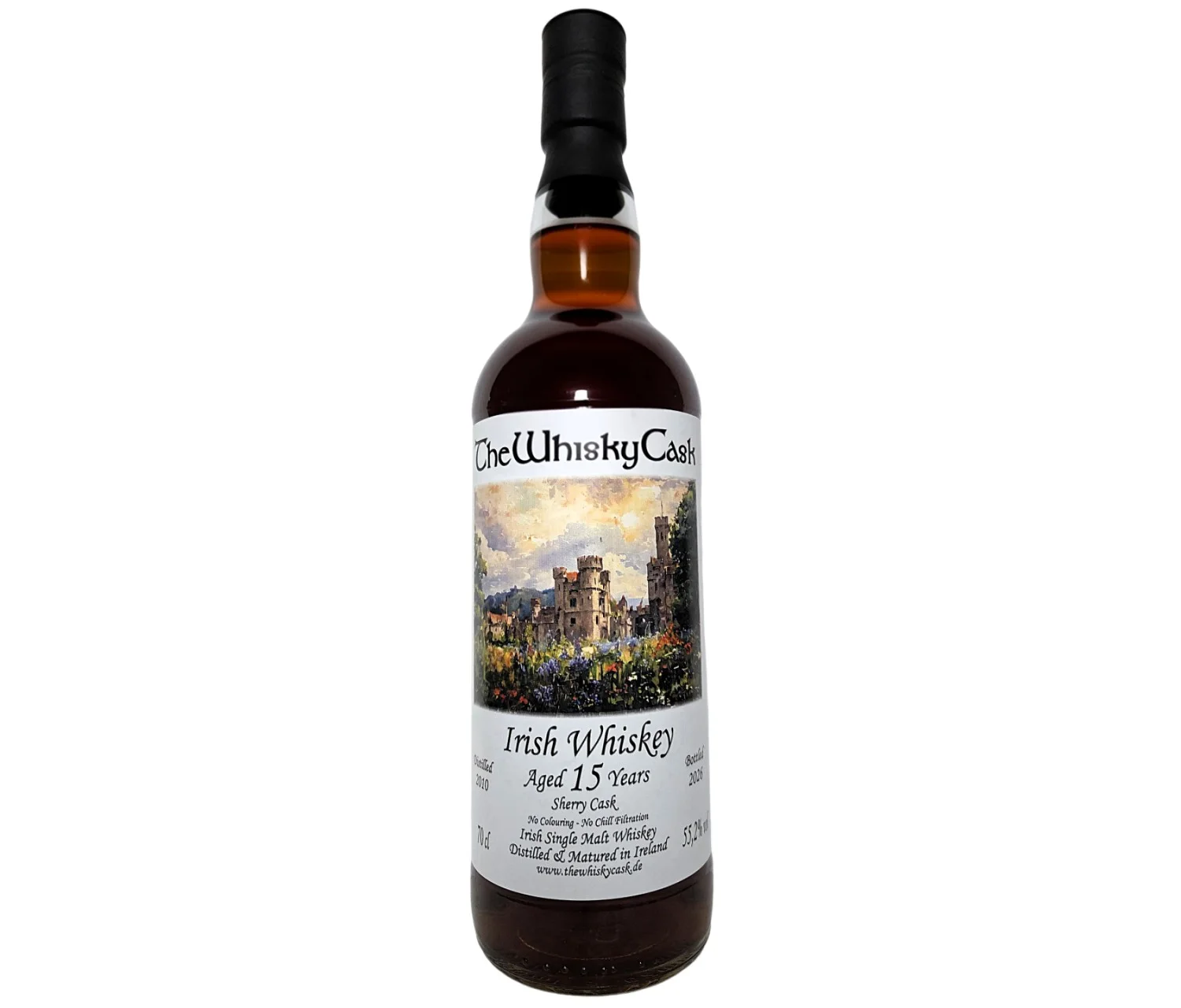 Flasche Irish Single Malt Whiskey 2010 TheWhiskyCask Label mit Ruine Ducketts Grove und Blumen